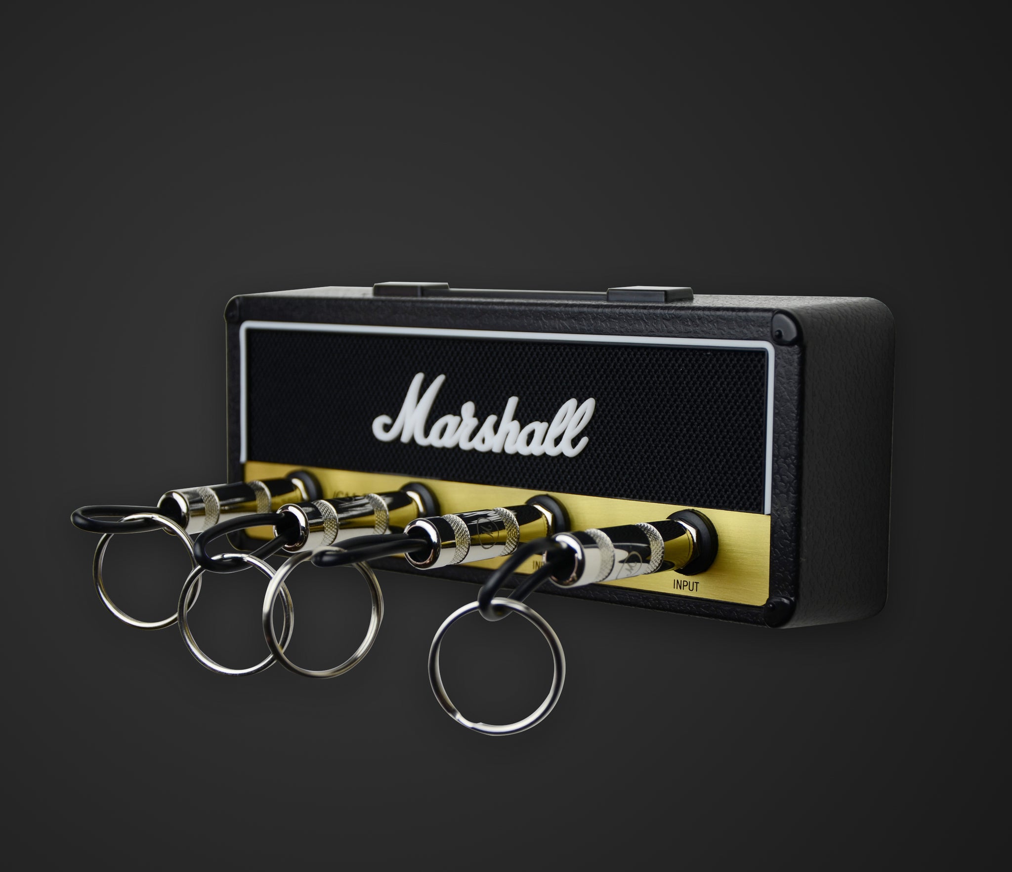 P Pluginz Licensed Marshall Stealth Jack Rack- Wall mounting Guitar amp Key  Hanger. Includes 4 Guitar Plug Keychains and 1 Wall mounting kit. Easy